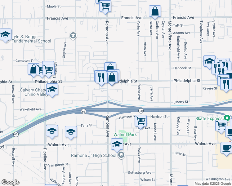 map of restaurants, bars, coffee shops, grocery stores, and more near 12175 Ramona Avenue in Chino