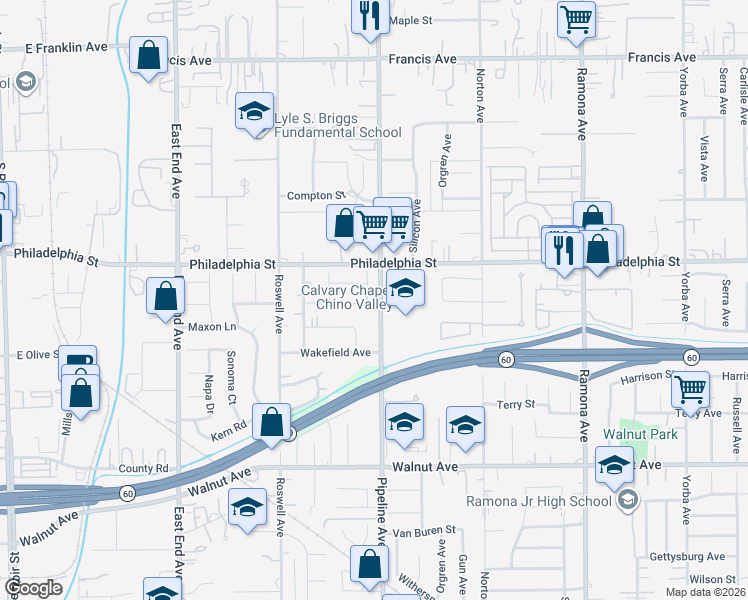 map of restaurants, bars, coffee shops, grocery stores, and more near 12167 Olive Place in Chino