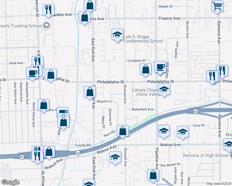 map of restaurants, bars, coffee shops, grocery stores, and more near 12175 Humboldt Place in Chino
