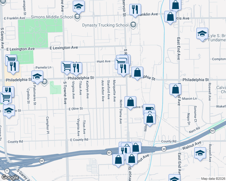 map of restaurants, bars, coffee shops, grocery stores, and more near 2191 Marquette Avenue in Pomona