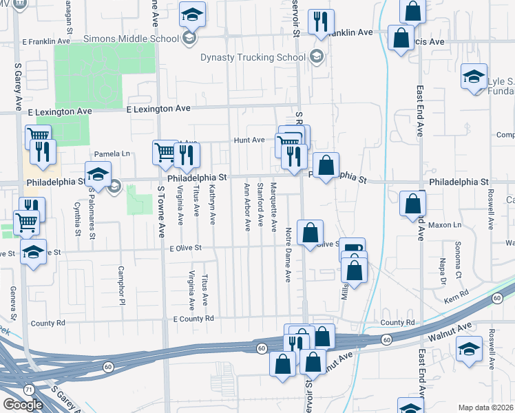 map of restaurants, bars, coffee shops, grocery stores, and more near 2188 Ann Arbor Avenue in Pomona
