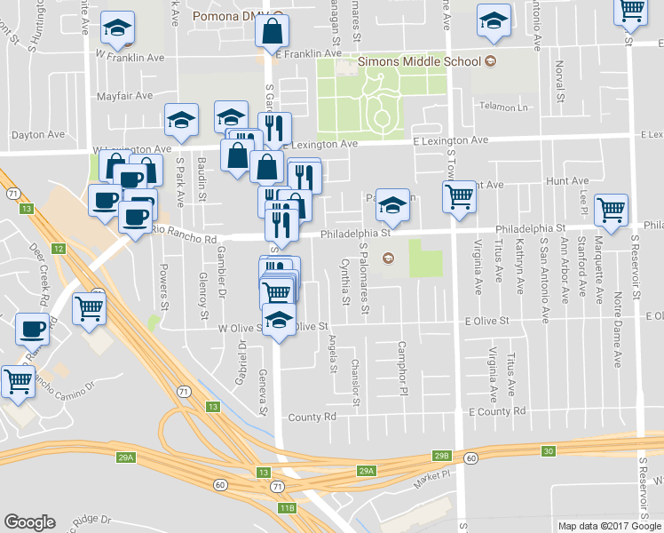 map of restaurants, bars, coffee shops, grocery stores, and more near 2156 Bella Vista Way in Pomona
