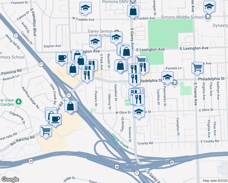 map of restaurants, bars, coffee shops, grocery stores, and more near 2162 Gambier Drive in Pomona