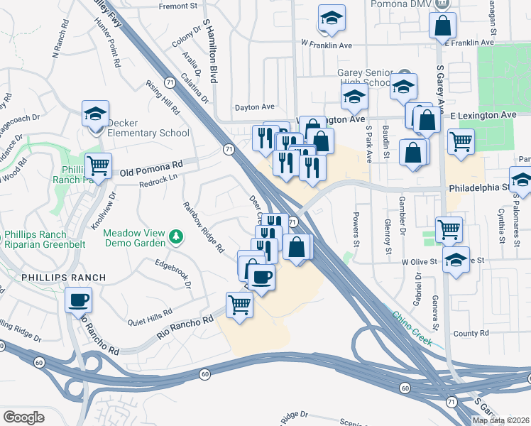 map of restaurants, bars, coffee shops, grocery stores, and more near 34 Skyline Lane in Pomona