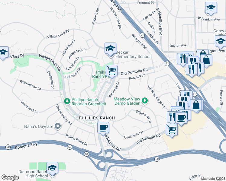 map of restaurants, bars, coffee shops, grocery stores, and more near 14 Knollview Drive in Pomona