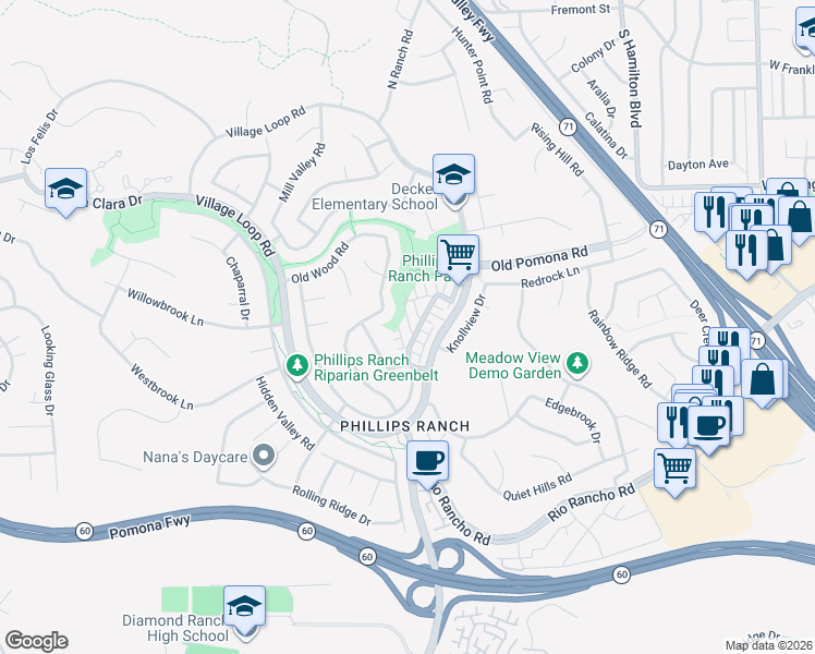map of restaurants, bars, coffee shops, grocery stores, and more near 25 Haywood Court in Pomona