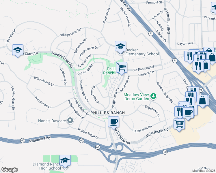 map of restaurants, bars, coffee shops, grocery stores, and more near 25 Haywood Court in Pomona