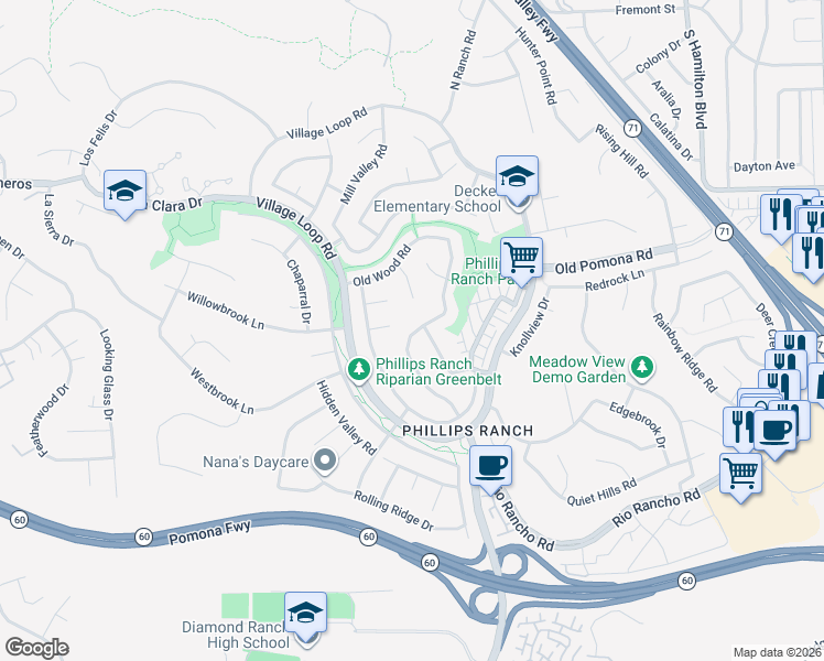 map of restaurants, bars, coffee shops, grocery stores, and more near 14 Rolling Hills Drive in Pomona