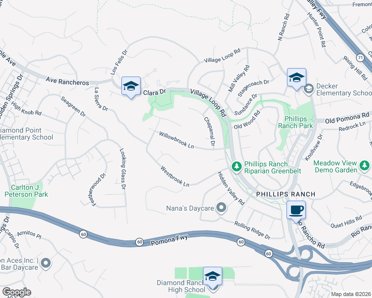 map of restaurants, bars, coffee shops, grocery stores, and more near 9 La Torre Drive in Pomona