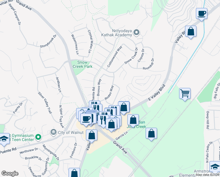 map of restaurants, bars, coffee shops, grocery stores, and more near 705 Rodeo Way in Walnut