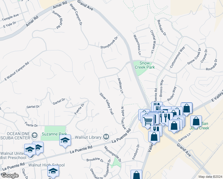 map of restaurants, bars, coffee shops, grocery stores, and more near 21110 Lariat Court in Walnut