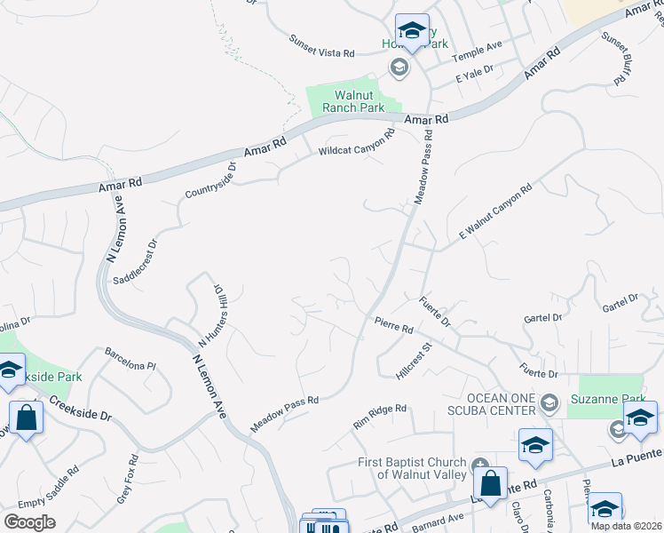 map of restaurants, bars, coffee shops, grocery stores, and more near 1055 North High Knoll Lane in Walnut