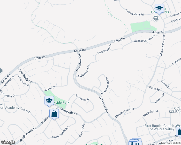 map of restaurants, bars, coffee shops, grocery stores, and more near 19660 Saddlecrest Drive in Walnut