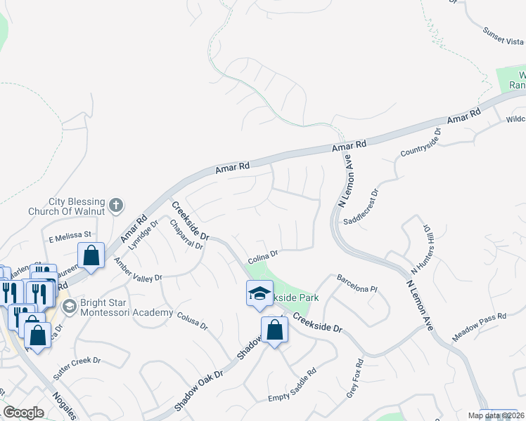 map of restaurants, bars, coffee shops, grocery stores, and more near 19332 Braes River Drive in Walnut