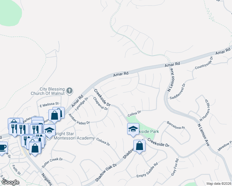 map of restaurants, bars, coffee shops, grocery stores, and more near 19277 Tuttle Creek Place in Walnut