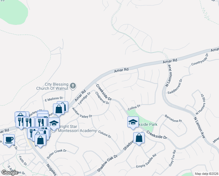 map of restaurants, bars, coffee shops, grocery stores, and more near 19220 Slate Creek Drive in Walnut