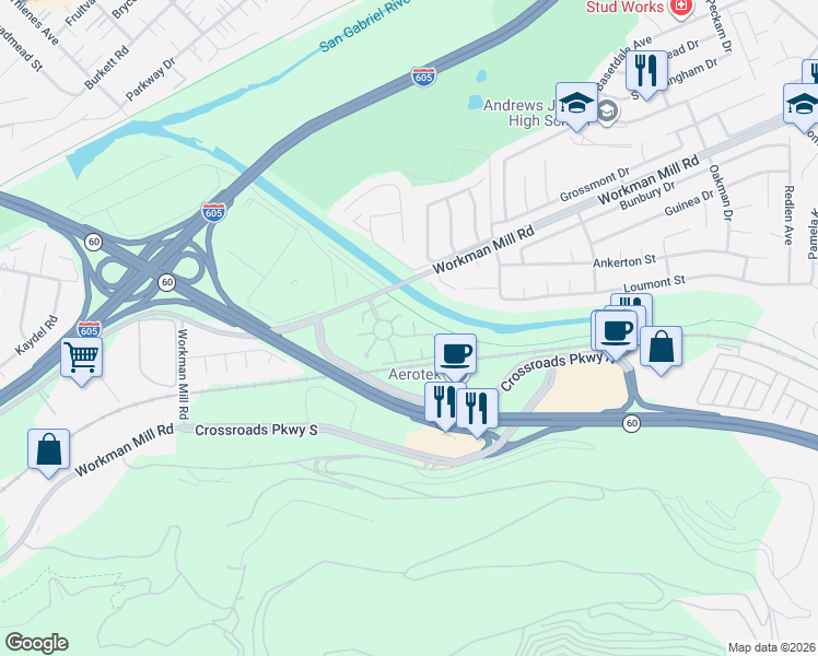 map of restaurants, bars, coffee shops, grocery stores, and more near 13045 Thoroughbred Way in Whittier