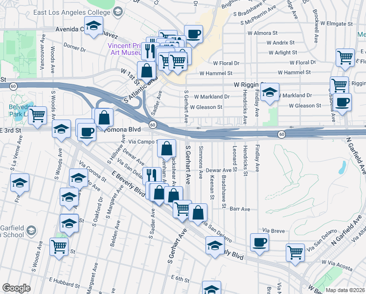 map of restaurants, bars, coffee shops, grocery stores, and more near 219 South Gerhart Avenue in East Los Angeles