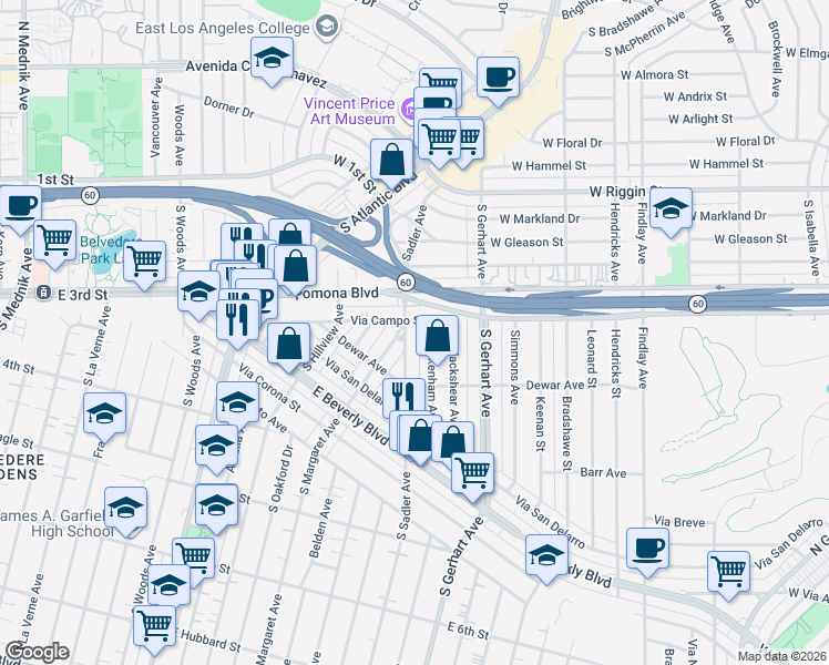 map of restaurants, bars, coffee shops, grocery stores, and more near 245 South Margaret Avenue in East Los Angeles