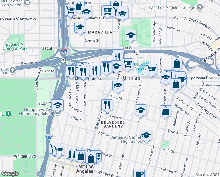 map of restaurants, bars, coffee shops, grocery stores, and more near 358 South Arizona Avenue in East Los Angeles