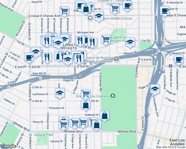 map of restaurants, bars, coffee shops, grocery stores, and more near 345 South Bonnie Beach Place in Los Angeles