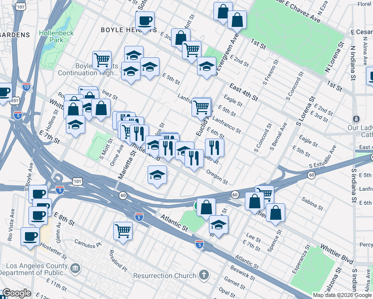 map of restaurants, bars, coffee shops, grocery stores, and more near 2911 Oregon Street in Los Angeles