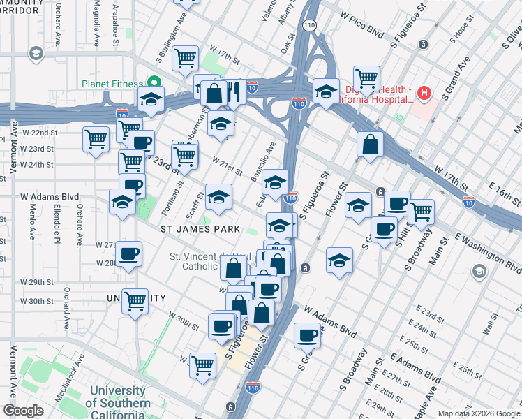 map of restaurants, bars, coffee shops, grocery stores, and more near 2120 Estrella Avenue in Los Angeles