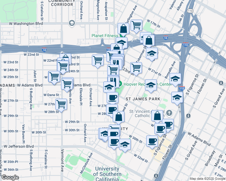 map of restaurants, bars, coffee shops, grocery stores, and more near 2595 South Hoover Street in Los Angeles