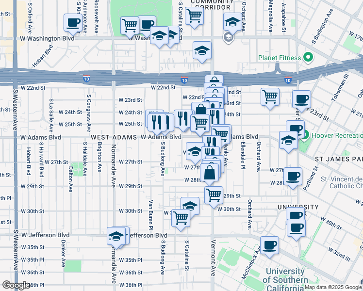 map of restaurants, bars, coffee shops, grocery stores, and more near 2623 South Catalina Street in Los Angeles