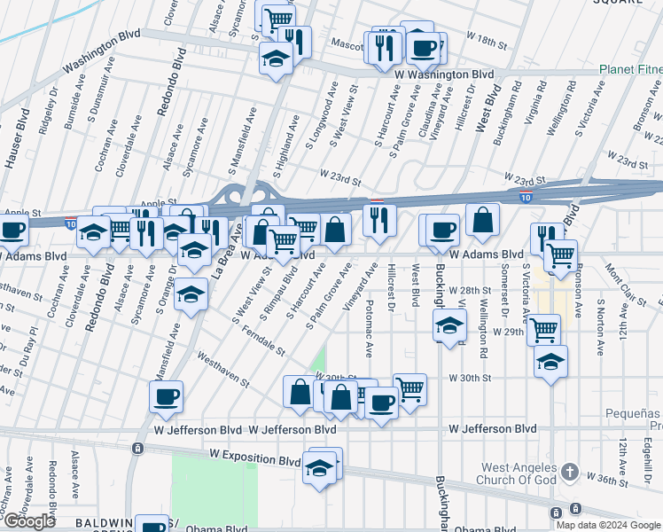 map of restaurants, bars, coffee shops, grocery stores, and more near in Los Angeles