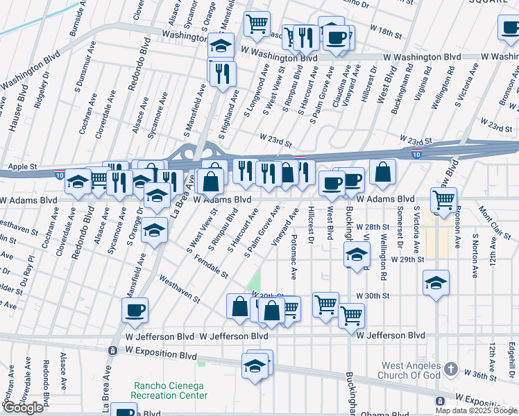 map of restaurants, bars, coffee shops, grocery stores, and more near in Los Angeles