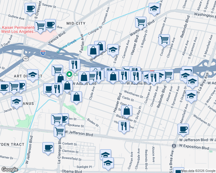 map of restaurants, bars, coffee shops, grocery stores, and more near 5574 West Adams Boulevard in Los Angeles