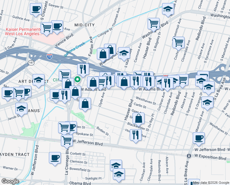 map of restaurants, bars, coffee shops, grocery stores, and more near 5574 West Adams Boulevard in Los Angeles