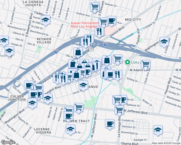 map of restaurants, bars, coffee shops, grocery stores, and more near 6023 Washington Boulevard in Culver City