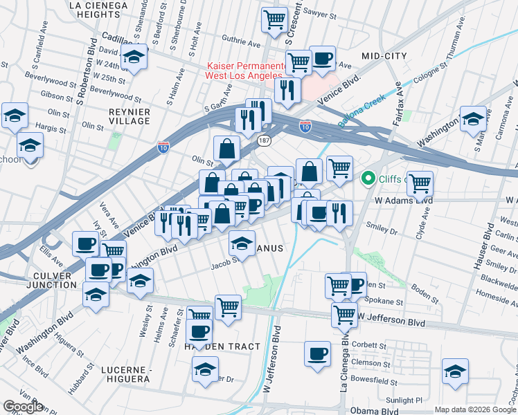 map of restaurants, bars, coffee shops, grocery stores, and more near 6023 Washington Boulevard in Culver City
