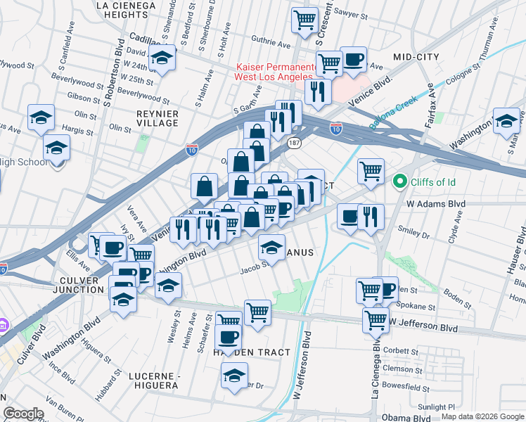 map of restaurants, bars, coffee shops, grocery stores, and more near 3212 La Cienega Avenue in Los Angeles