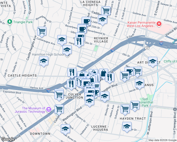 map of restaurants, bars, coffee shops, grocery stores, and more near 3127 Vera Avenue in Los Angeles