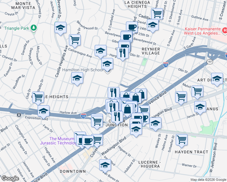 map of restaurants, bars, coffee shops, grocery stores, and more near 3055 South Robertson Boulevard in Los Angeles