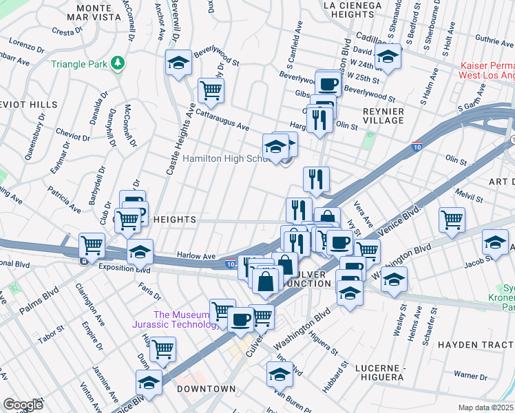 map of restaurants, bars, coffee shops, grocery stores, and more near 3139 South Durango Avenue in Los Angeles