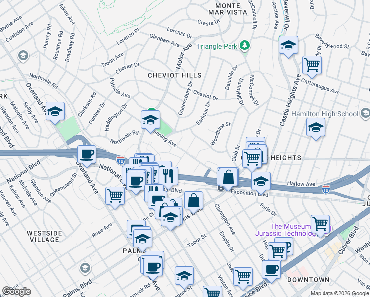 map of restaurants, bars, coffee shops, grocery stores, and more near 3289 Edith Street in Los Angeles