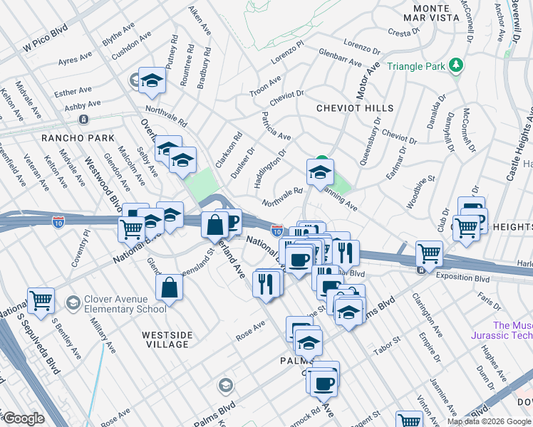 map of restaurants, bars, coffee shops, grocery stores, and more near 10335 Walavista Road in Los Angeles