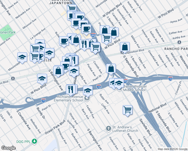 map of restaurants, bars, coffee shops, grocery stores, and more near 2498 Purdue Avenue in Los Angeles