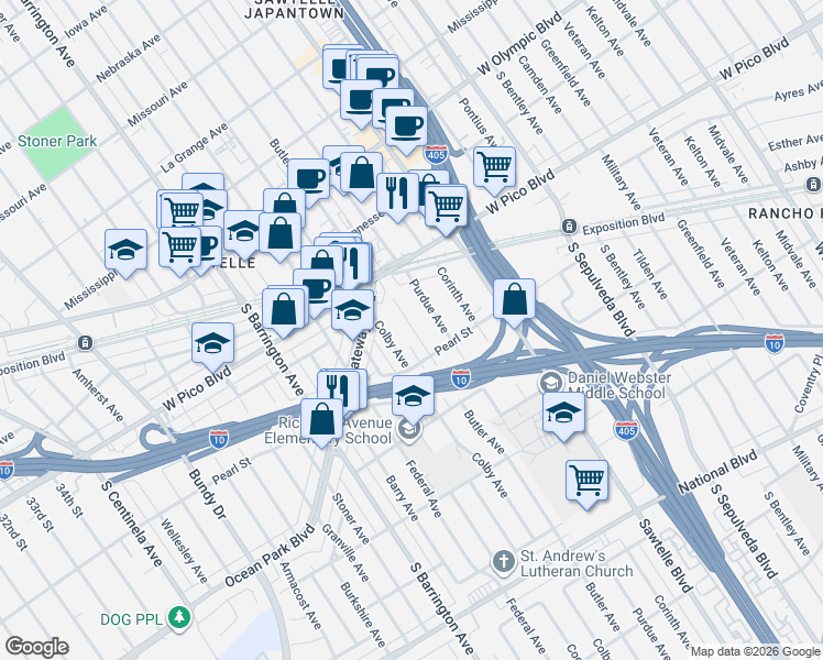 map of restaurants, bars, coffee shops, grocery stores, and more near 2472 Butler Avenue in Los Angeles