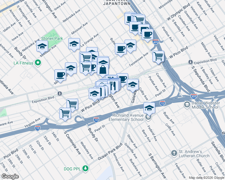 map of restaurants, bars, coffee shops, grocery stores, and more near in Los Angeles