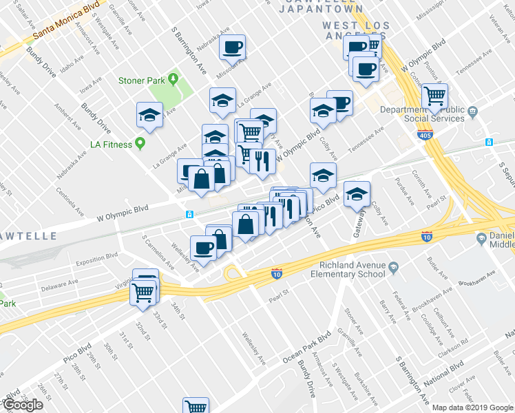 map of restaurants, bars, coffee shops, grocery stores, and more near 11802 Exposition Boulevard in Los Angeles