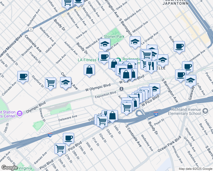 map of restaurants, bars, coffee shops, grocery stores, and more near 12100-12200 West Olympic Boulevard in Los Angeles