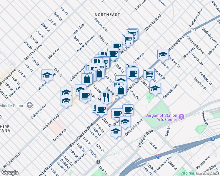map of restaurants, bars, coffee shops, grocery stores, and more near 2306 Arizona Avenue in Santa Monica
