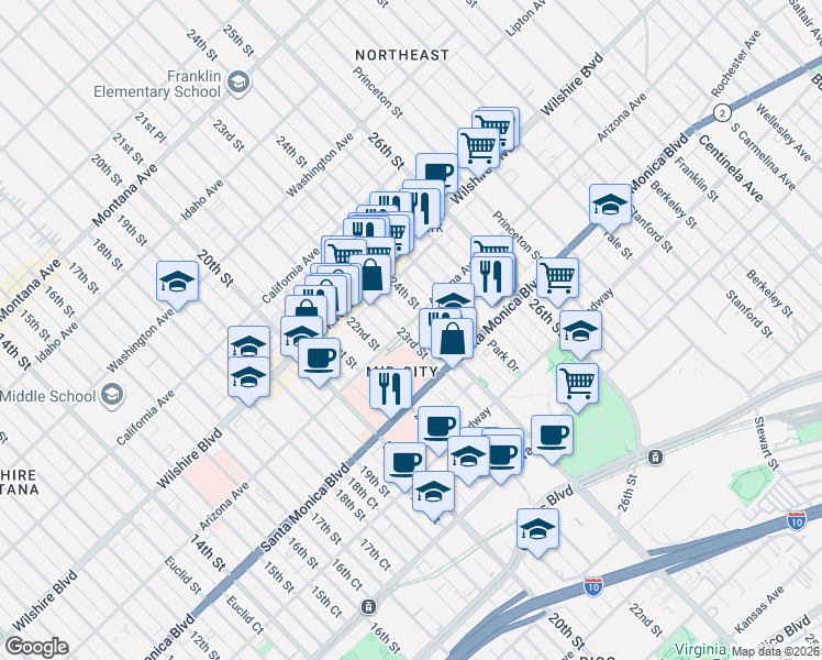 map of restaurants, bars, coffee shops, grocery stores, and more near 1303 23rd Street in Santa Monica