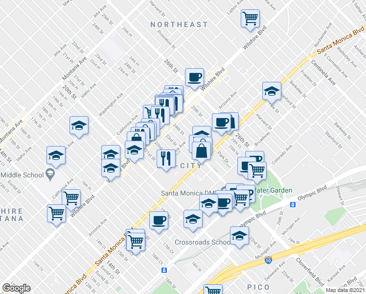 map of restaurants, bars, coffee shops, grocery stores, and more near 1303 23rd Street in Santa Monica