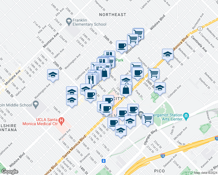 map of restaurants, bars, coffee shops, grocery stores, and more near 2306 Arizona Avenue in Santa Monica
